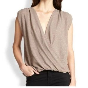 Alice + Olivia Tan/Gold Shimmer Sleeveless faux-Wrap Blouse